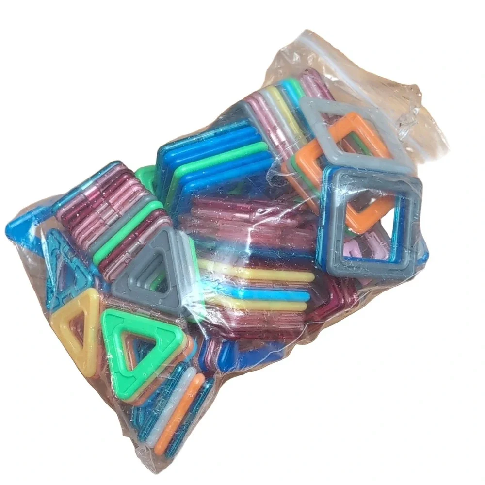 Magnetic Building Tiles Squares Triangles Translucent Plastic Toy Set Bag